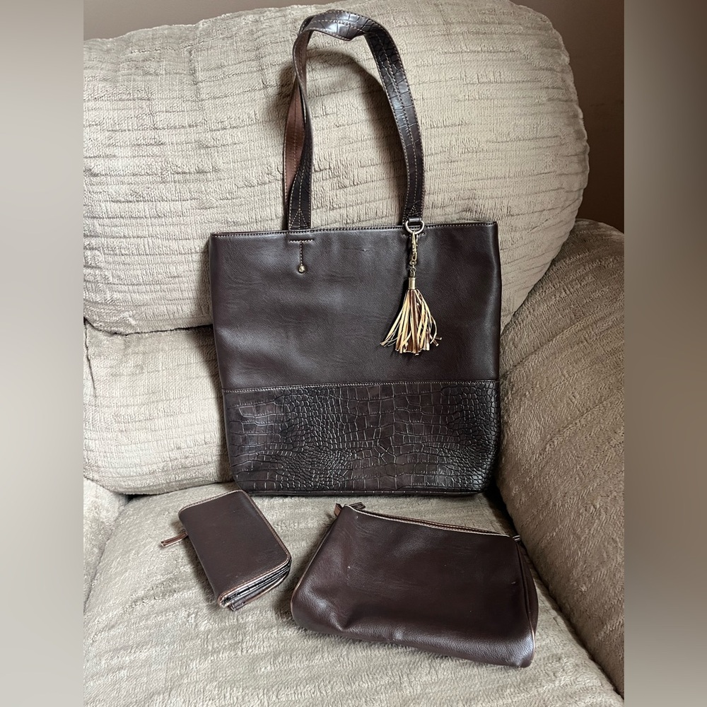 Brown Faux Leather Tote Bag Set, Includes Wallet and Cosmetic Bag
